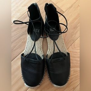 Eileen Fisher Black Leather Laced  Espadrille Flats Sandals Size 9.5, NWOT